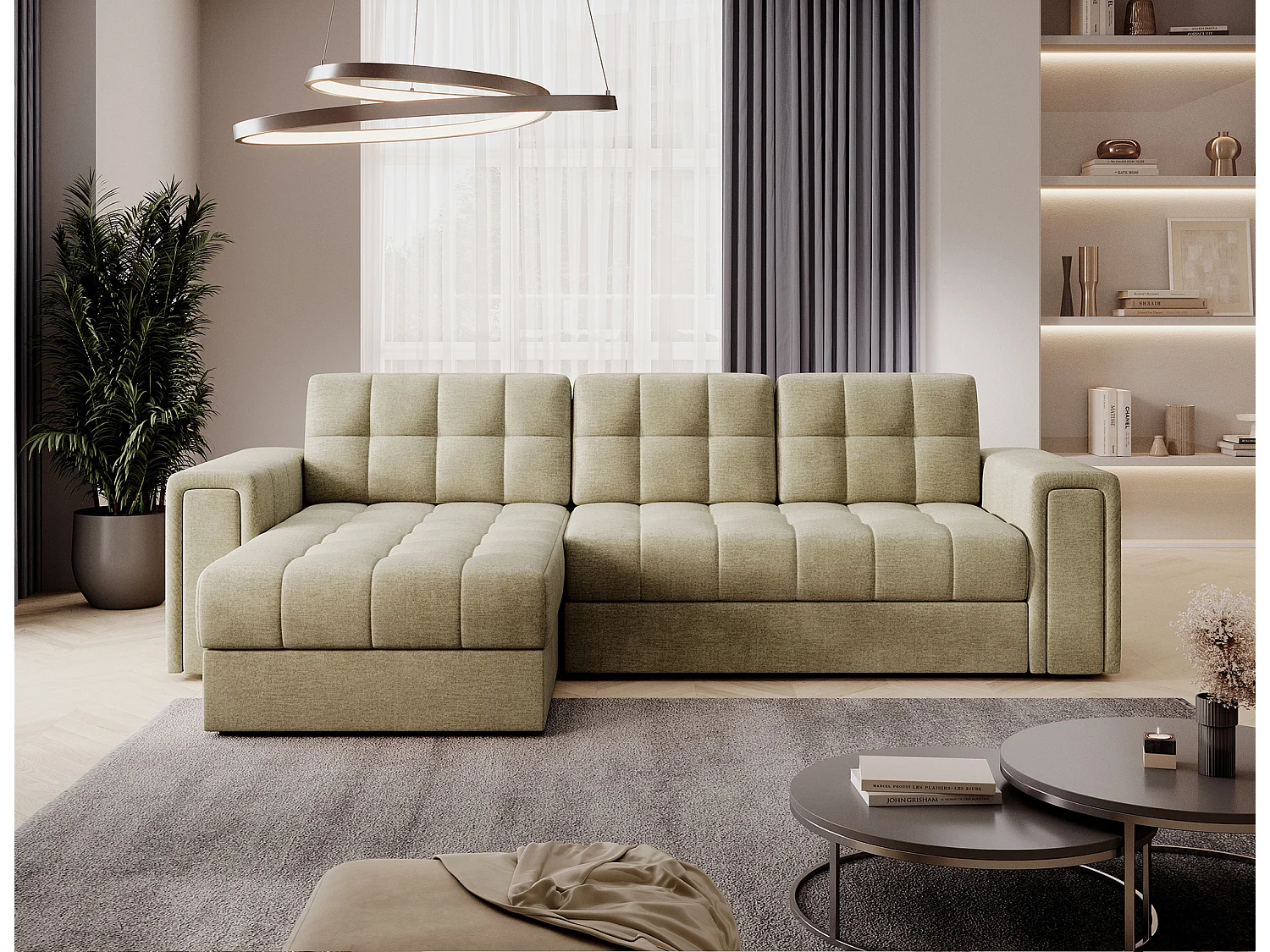 Canapé d’angle réversible convertible KLUMANN en velours – 260cm-Beige clair