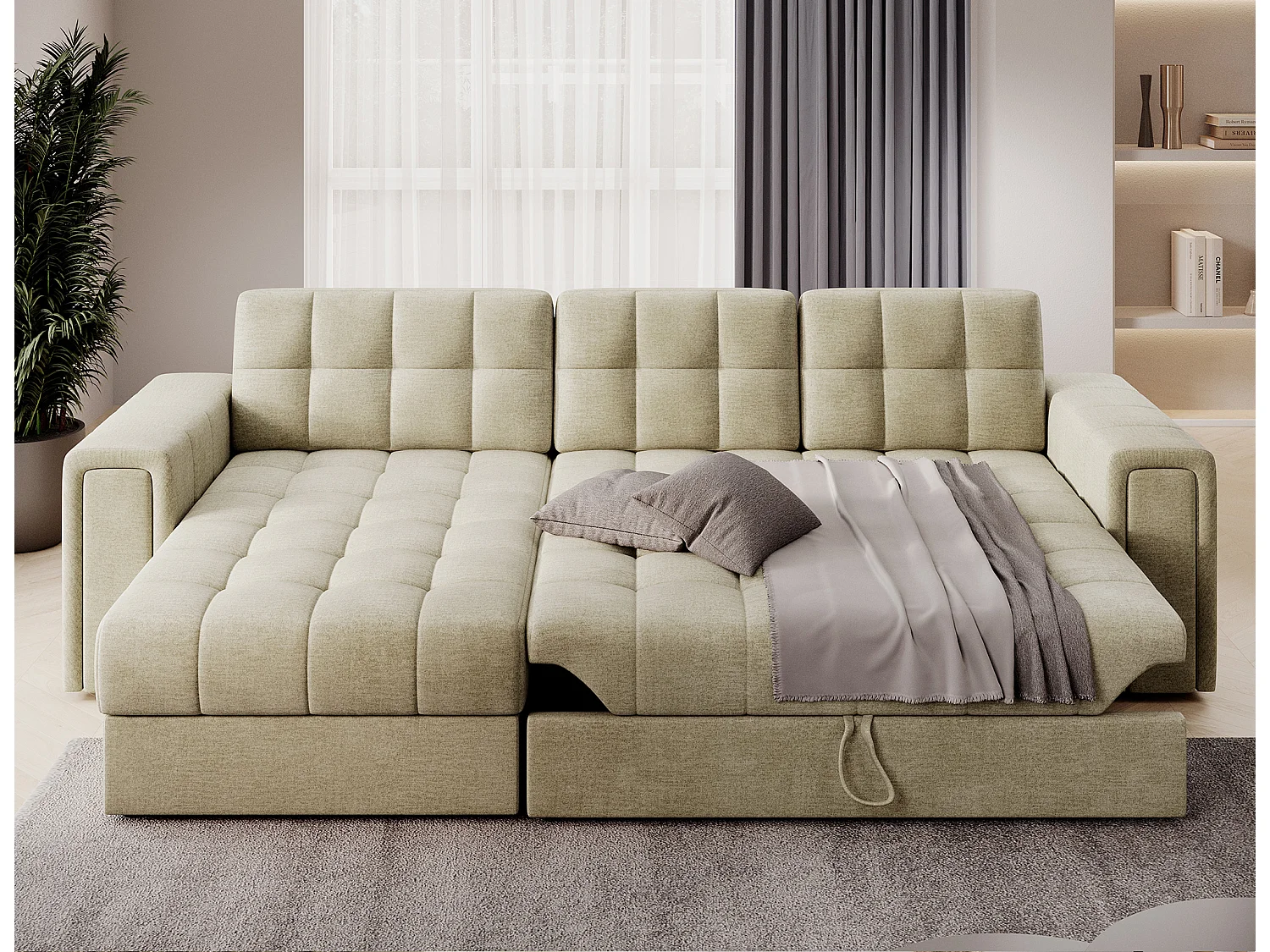 Canapé d’angle réversible convertible KLUMANN en velours – 260cm-Beige clair