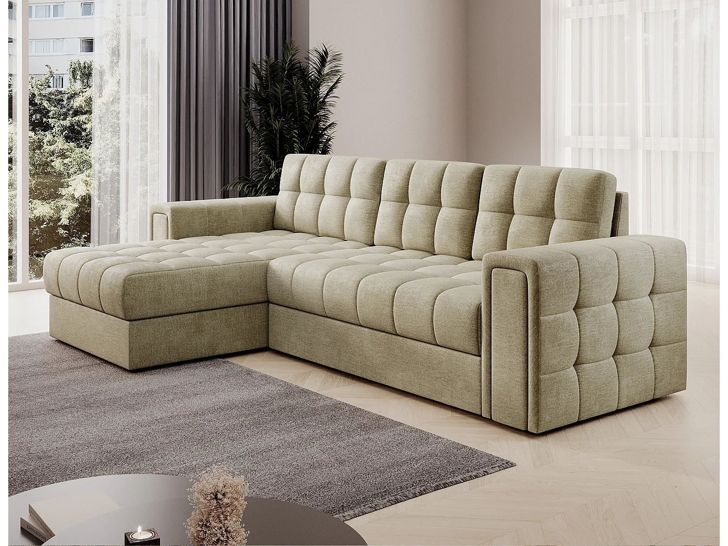 Canapé d’angle réversible convertible KLUMANN en velours – 260cm-Beige clair