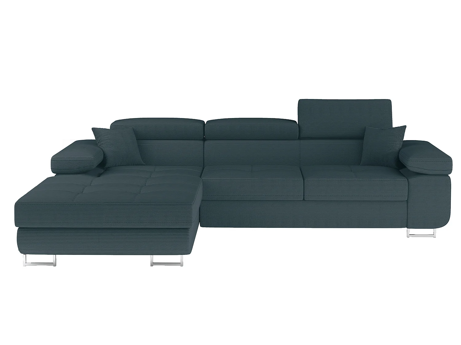 Canapé d’angle convertible KALIZO en tissu côtelé avec coffre, têtières réglables et pieds en acier chromé – 289cm-Vert sapin-angle gauche