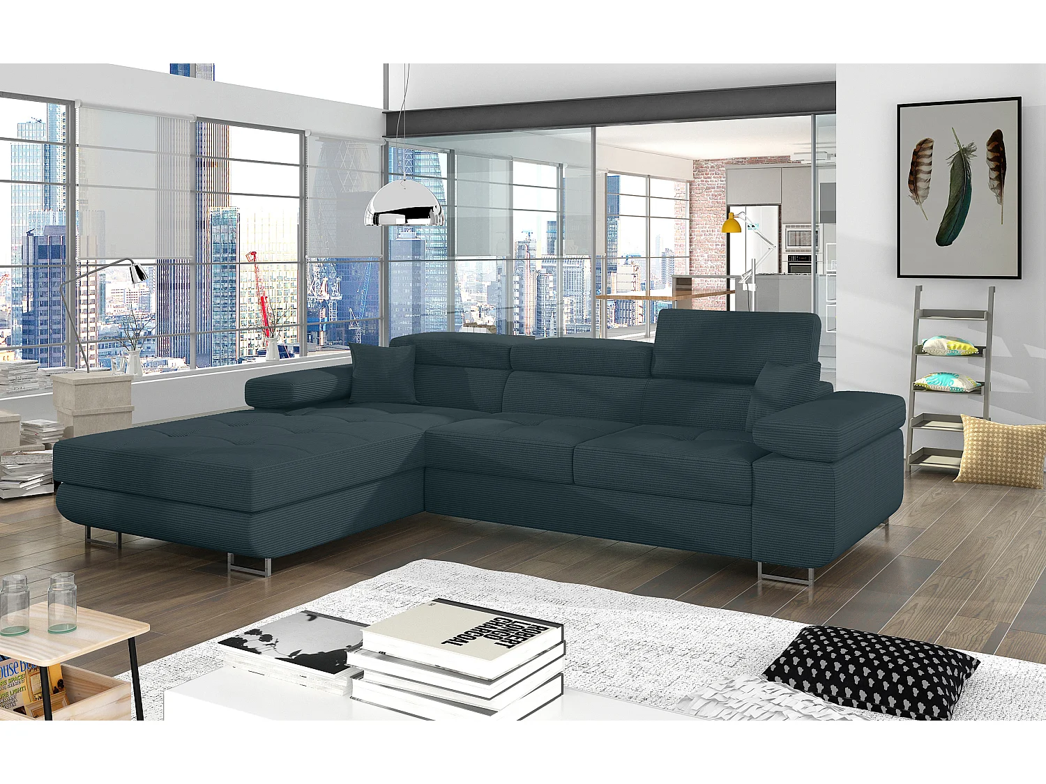 Canapé d’angle convertible KALIZO en tissu côtelé avec coffre, têtières réglables et pieds en acier chromé – 289cm-Vert sapin-angle gauche