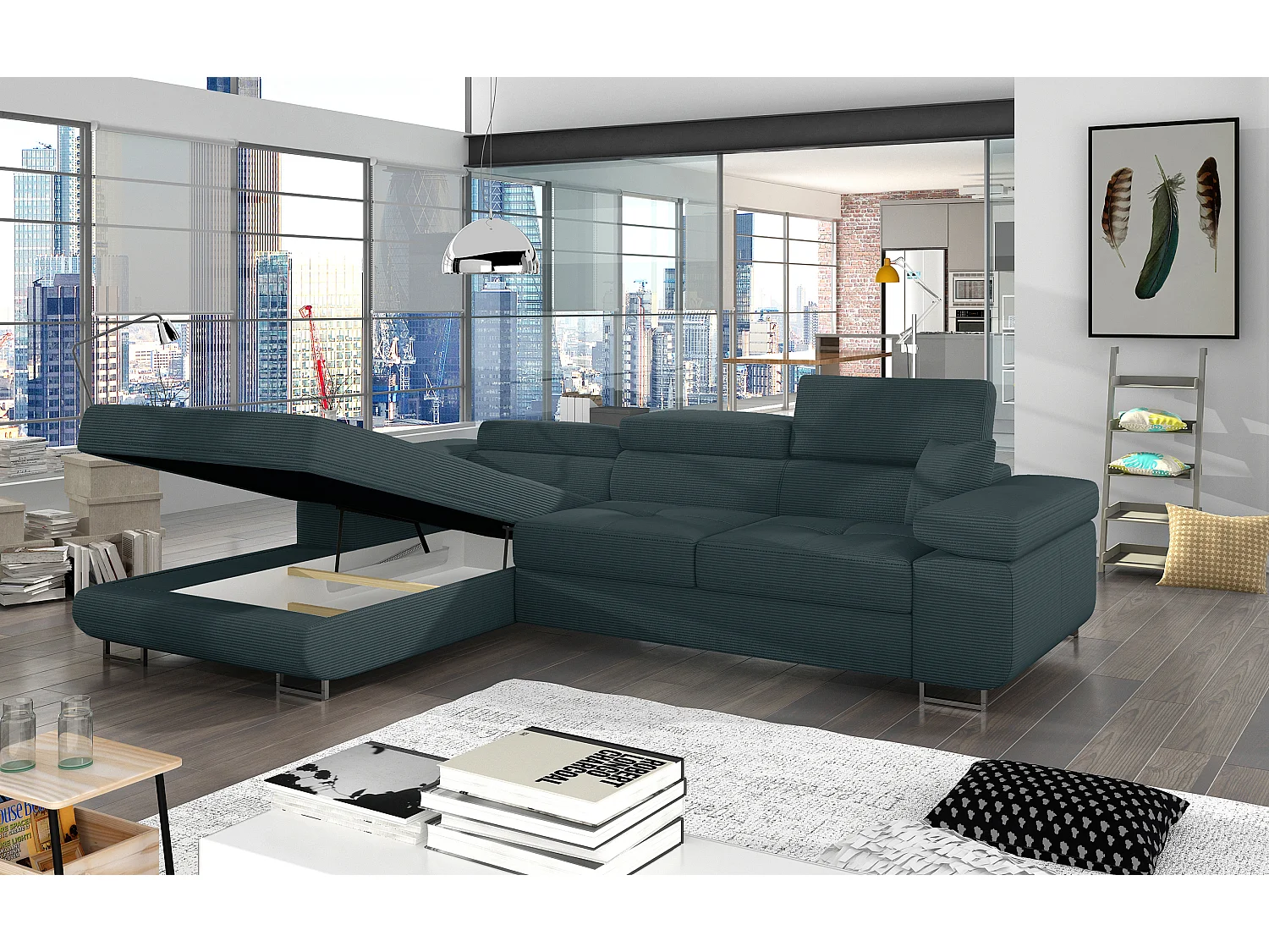 Canapé d’angle convertible KALIZO en tissu côtelé avec coffre, têtières réglables et pieds en acier chromé – 289cm-Vert sapin-angle gauche