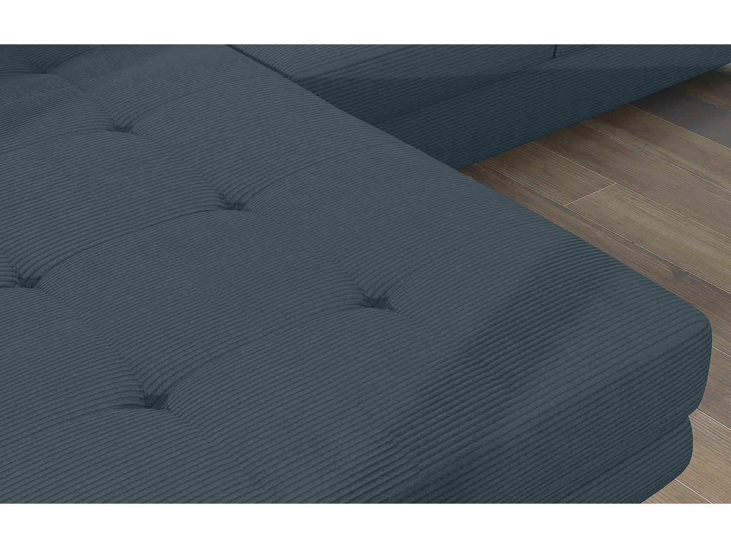 Canapé d’angle convertible KALIZO en tissu côtelé avec coffre, têtières réglables et pieds en acier chromé – 289cm-Vert sapin-angle gauche