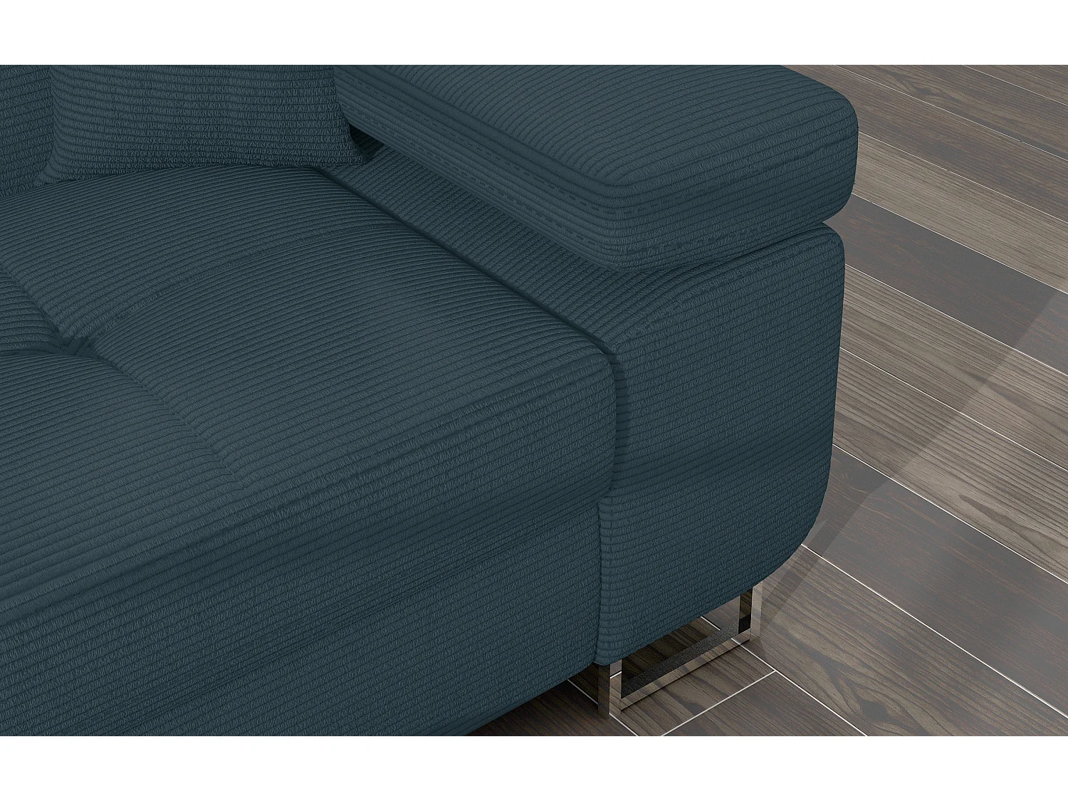 Canapé d’angle convertible KALIZO en tissu côtelé avec coffre, têtières réglables et pieds en acier chromé – 289cm-Vert sapin-angle gauche