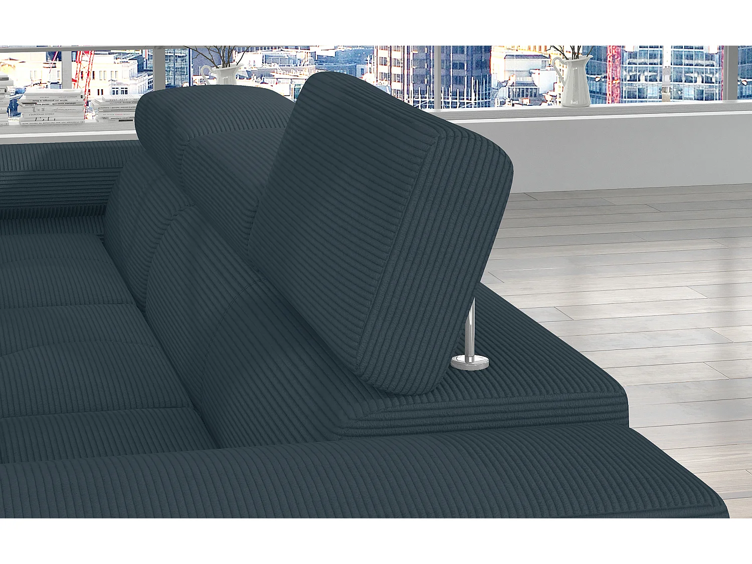 Canapé d’angle convertible KALIZO en tissu côtelé avec coffre, têtières réglables et pieds en acier chromé – 289cm-Vert sapin-angle gauche