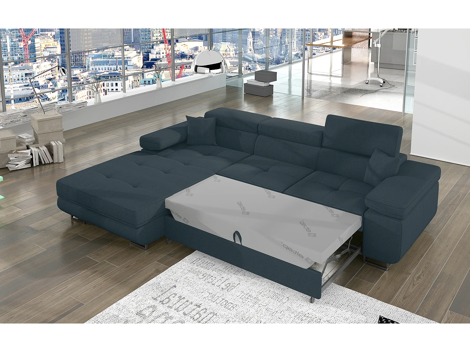Canapé d’angle convertible KALIZO en tissu côtelé avec coffre, têtières réglables et pieds en acier chromé – 289cm-Vert sapin-angle gauche