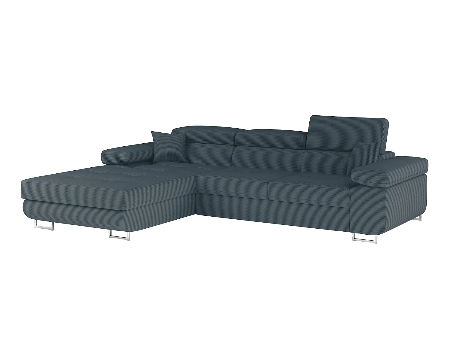 Canapé d’angle convertible KALIZO en tissu côtelé avec coffre, têtières réglables et pieds en acier chromé – 289cm-Vert sapin-angle gauche