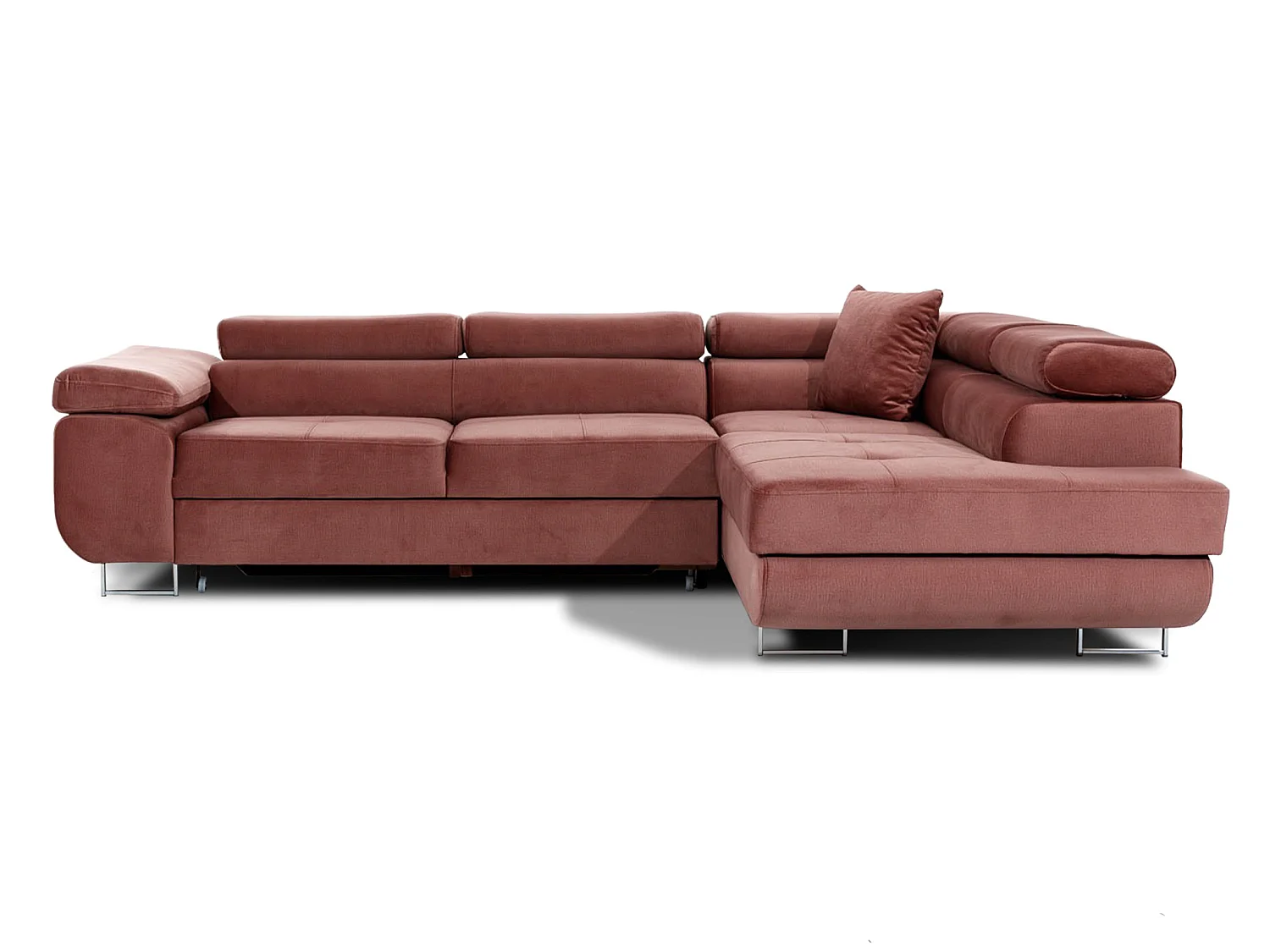 Canapé d’angle convertible MARKA en velours avec coffre et têtières réglables – 272cm-Rose poudré-angle droit