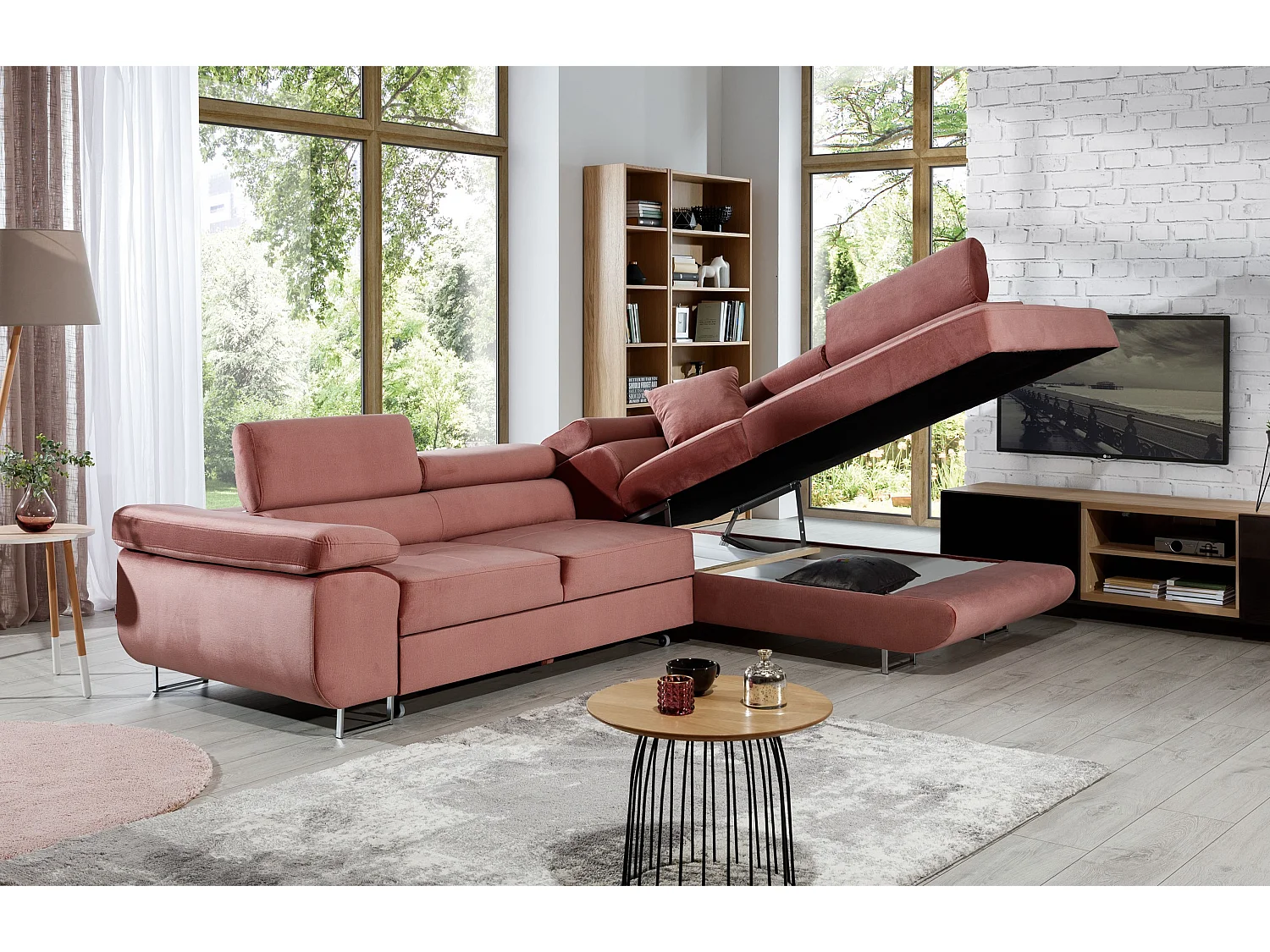 Canapé d’angle convertible MARKA en velours avec coffre et têtières réglables – 272cm-Rose poudré-angle droit