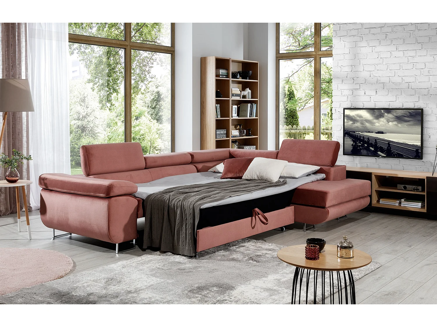 Canapé d’angle convertible MARKA en velours avec coffre et têtières réglables – 272cm-Rose poudré-angle droit