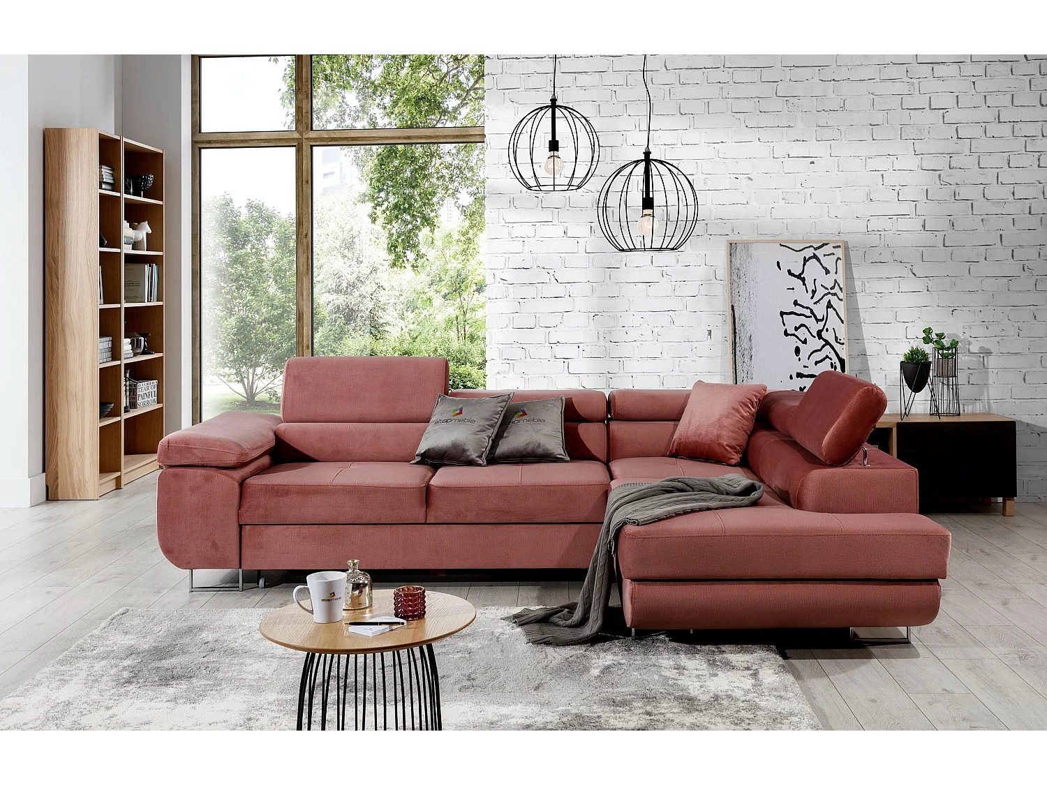 Canapé d’angle convertible MARKA en velours avec coffre et têtières réglables – 272cm-Rose poudré-angle droit