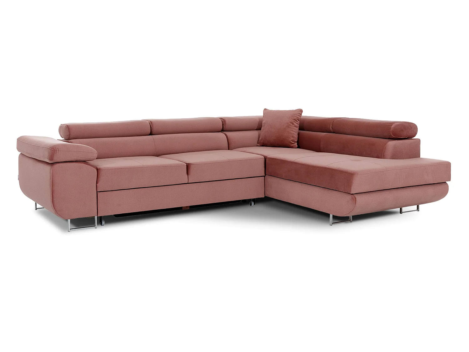 Canapé d’angle convertible MARKA en velours avec coffre et têtières réglables – 272cm-Rose poudré-angle droit