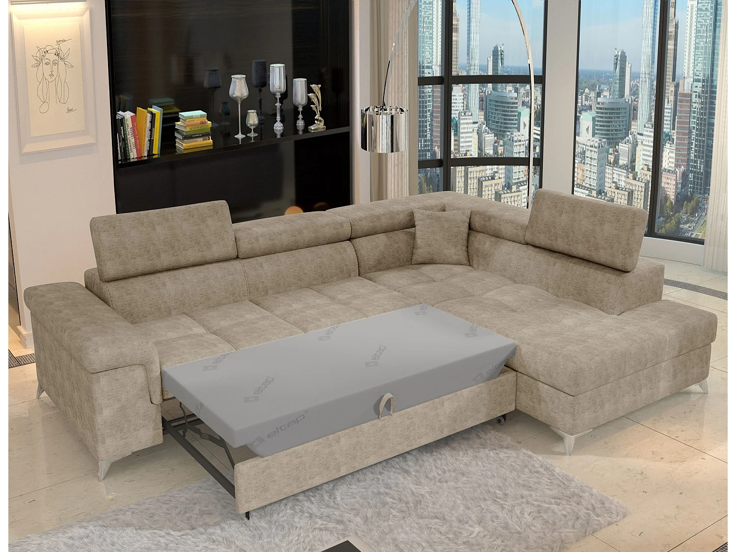 Canapé d’angle convertible MARIDO en tissu avec coffre et têtières réglables – 275cm-Beige foncé-angle droit
