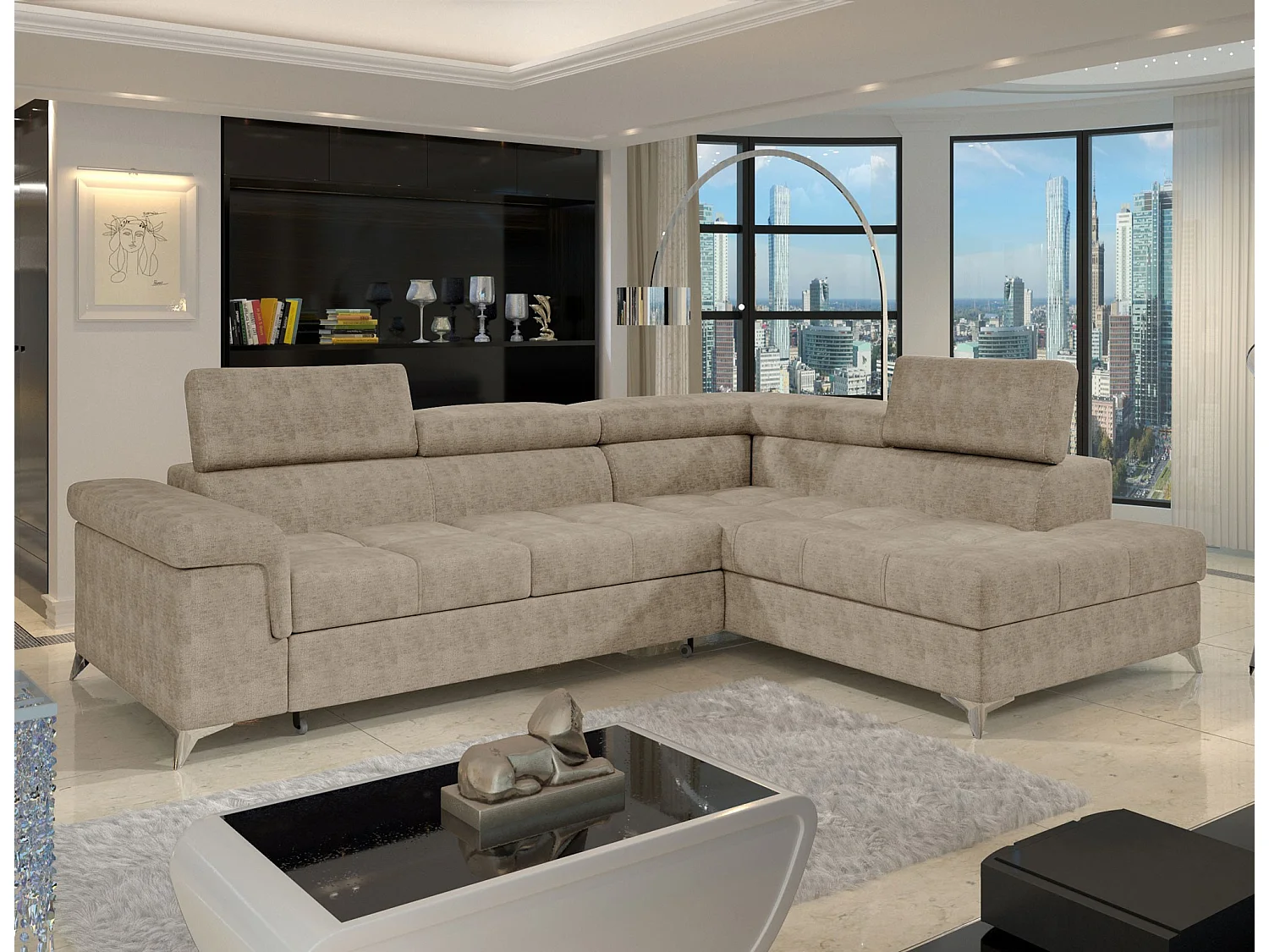 Canapé d’angle convertible MARIDO en tissu avec coffre et têtières réglables – 275cm-Beige foncé-angle droit