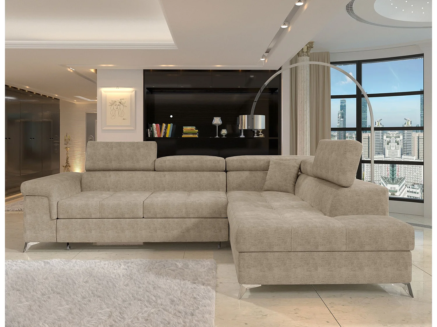 Canapé d’angle convertible MARIDO en tissu avec coffre et têtières réglables – 275cm-Beige foncé-angle droit