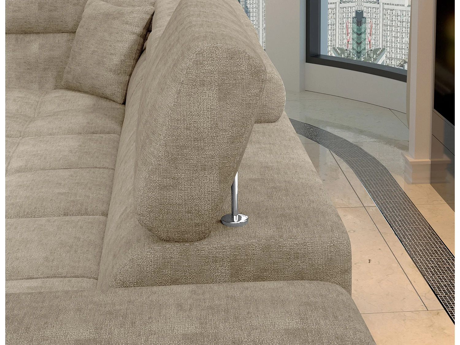 Canapé d’angle convertible MARIDO en tissu avec coffre et têtières réglables – 275cm-Beige foncé-angle droit