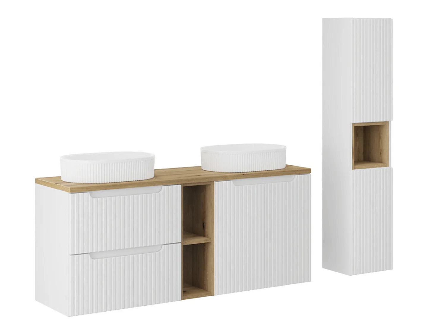 Ensemble salle de bain 170cm double vasque ovale blanche NOVA avec meubles suspendus et colonne-Blanc