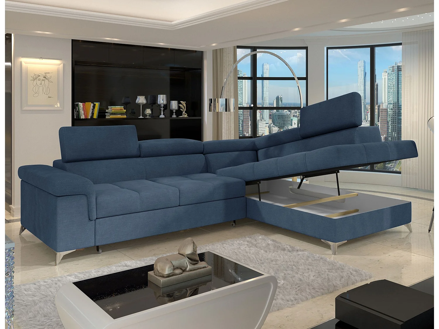Canapé d’angle convertible MARIDO en tissu avec coffre et têtières réglables – 275cm-Bleu-angle droit