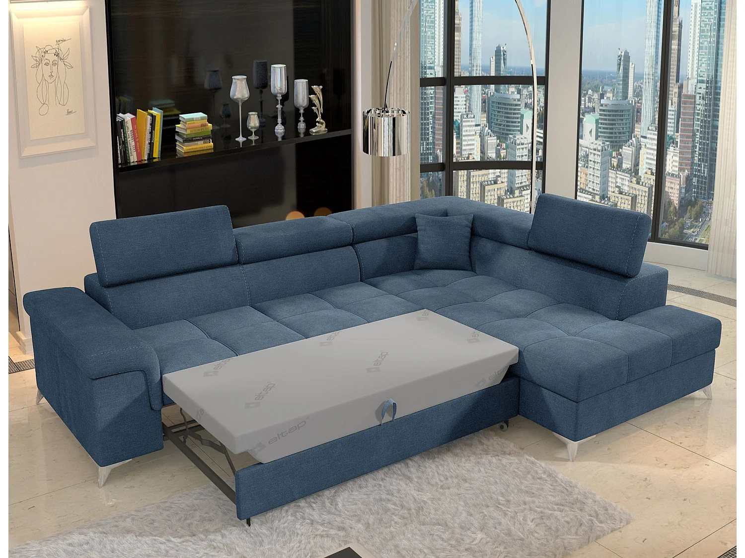 Canapé d’angle convertible MARIDO en tissu avec coffre et têtières réglables – 275cm-Bleu-angle droit