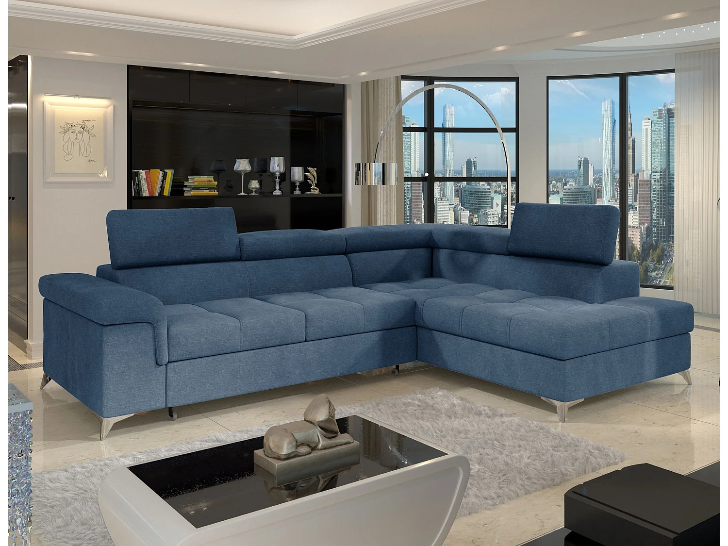 Canapé d’angle convertible MARIDO en tissu avec coffre et têtières réglables – 275cm-Bleu-angle droit