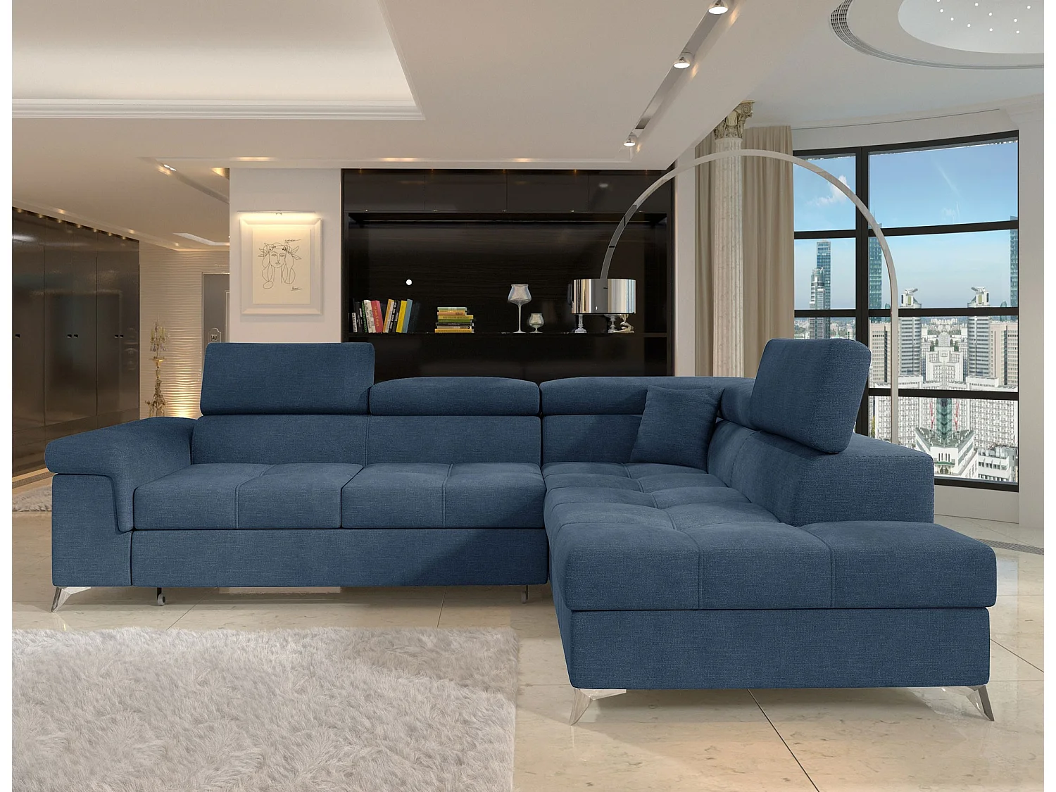 Canapé d’angle convertible MARIDO en tissu avec coffre et têtières réglables – 275cm-Bleu-angle droit