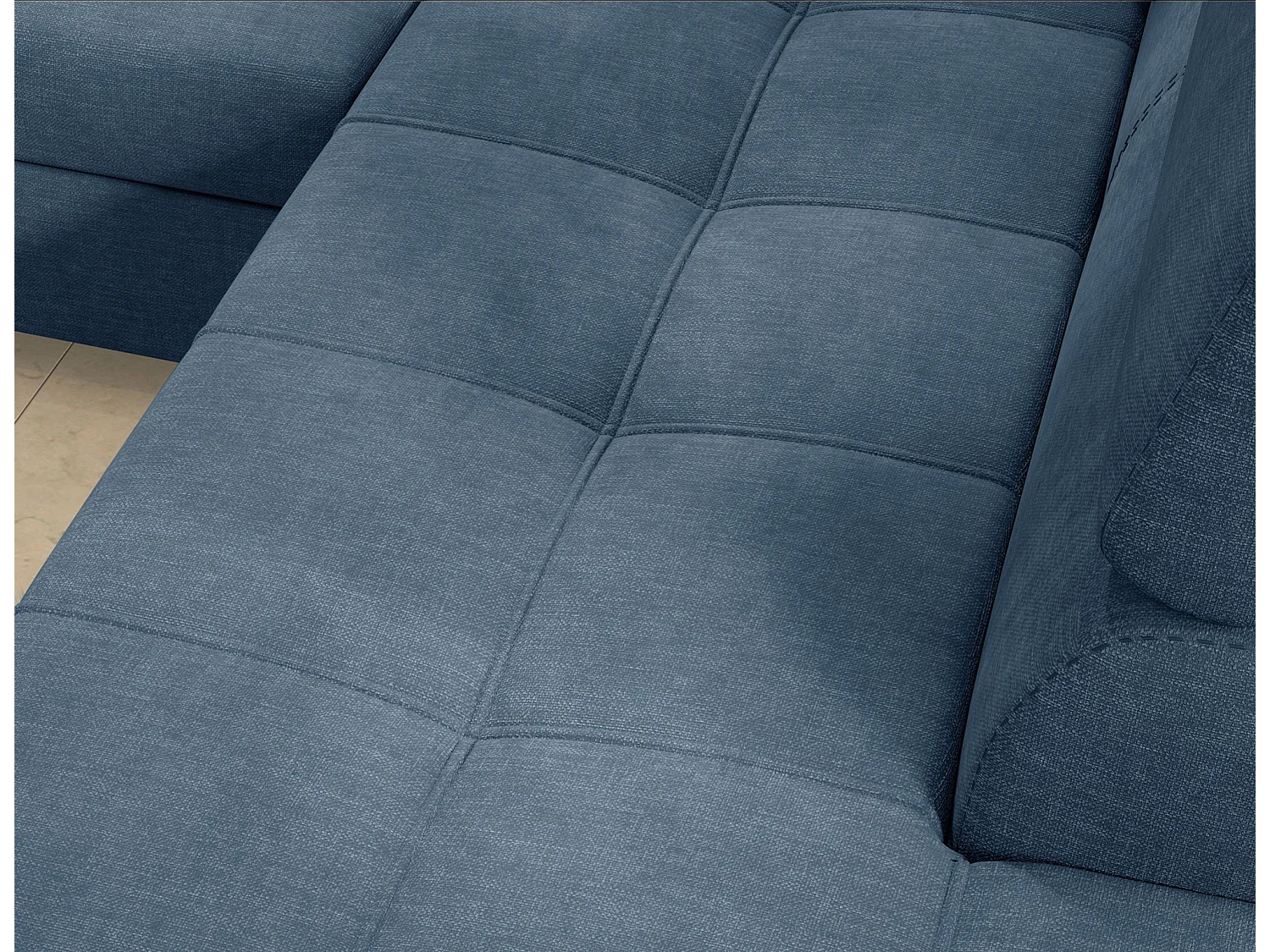 Canapé d’angle convertible MARIDO en tissu avec coffre et têtières réglables – 275cm-Bleu-angle droit