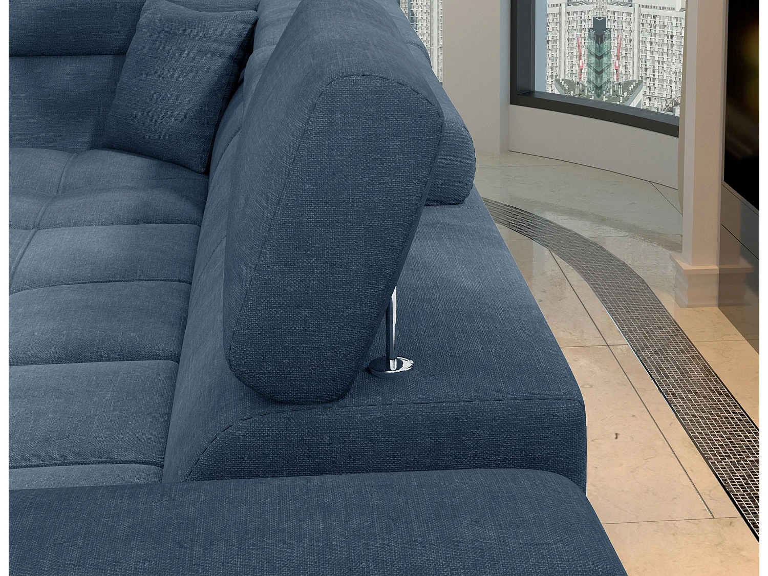 Canapé d’angle convertible MARIDO en tissu avec coffre et têtières réglables – 275cm-Bleu-angle droit