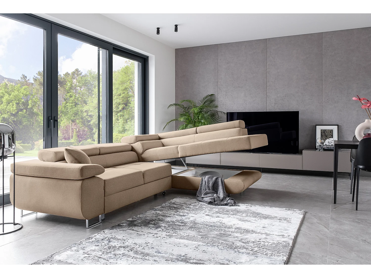 Canapé d’angle convertible MARKA en tissu avec coffre et têtières réglables – 272cm-Beige-angle droit