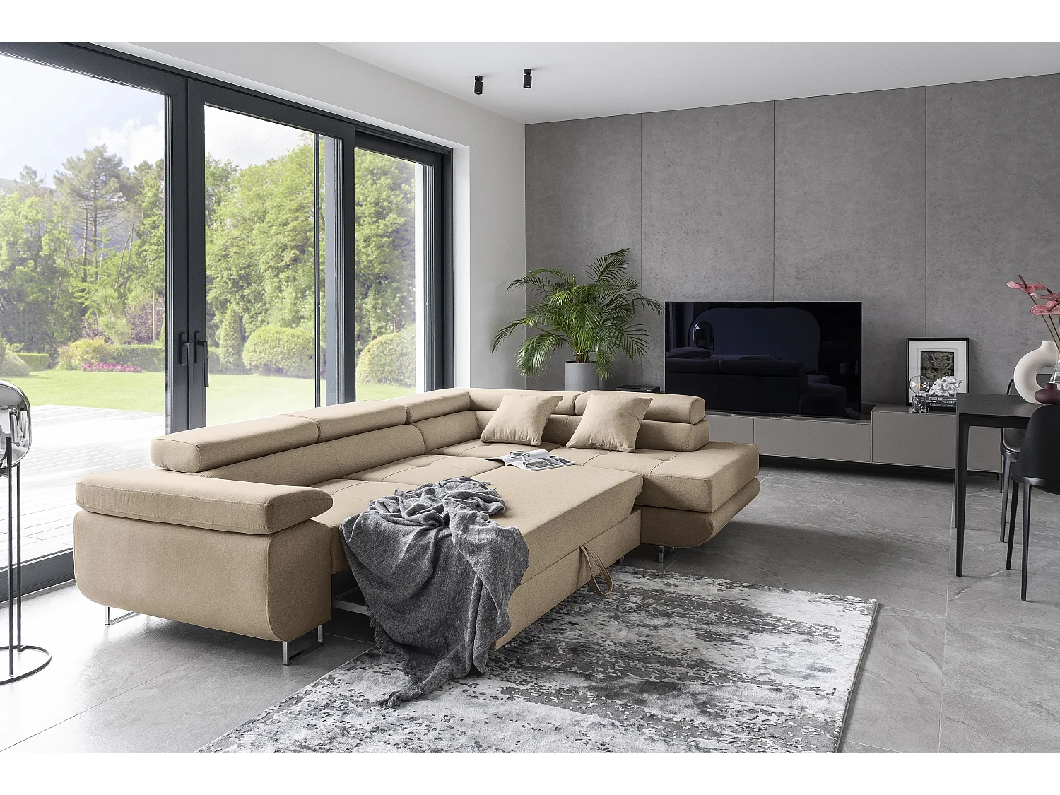Canapé d’angle convertible MARKA en tissu avec coffre et têtières réglables – 272cm-Beige-angle droit