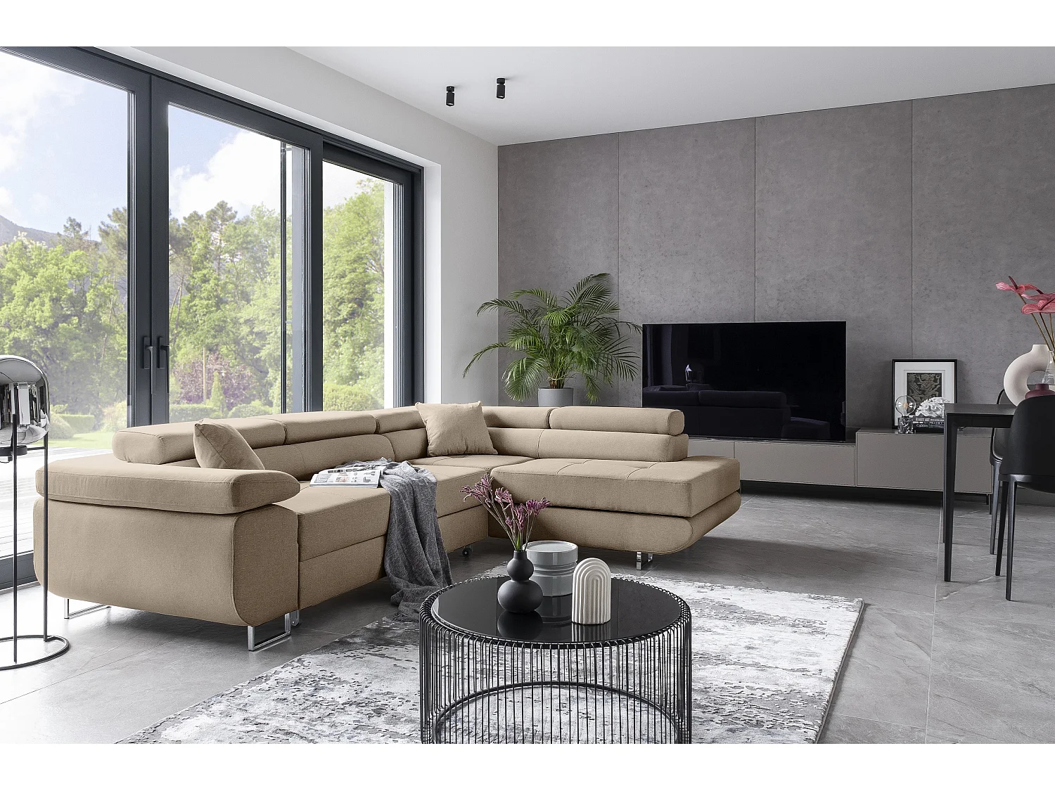 Canapé d’angle convertible MARKA en tissu avec coffre et têtières réglables – 272cm-Beige-angle droit
