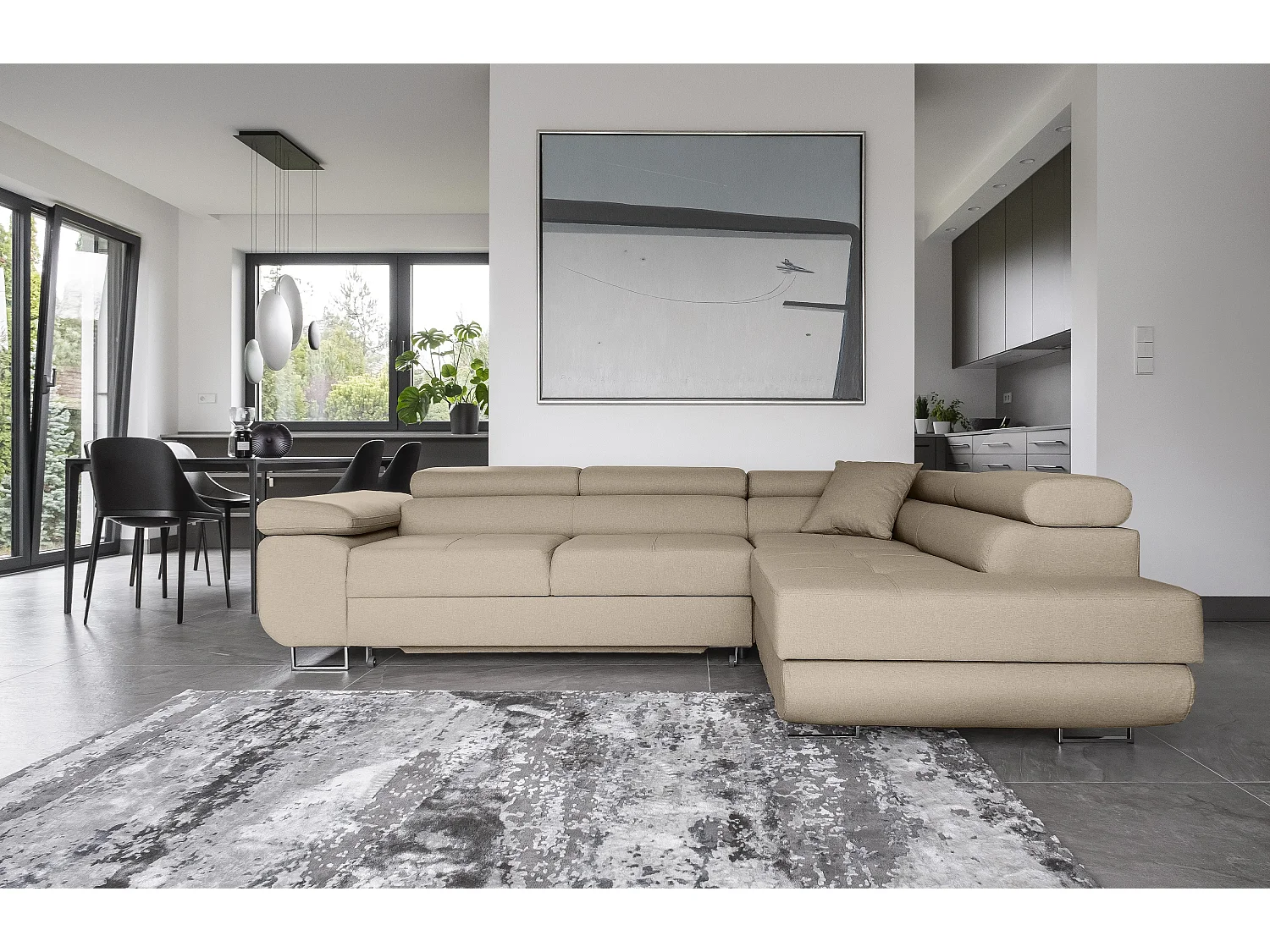 Canapé d’angle convertible MARKA en tissu avec coffre et têtières réglables – 272cm-Beige-angle droit