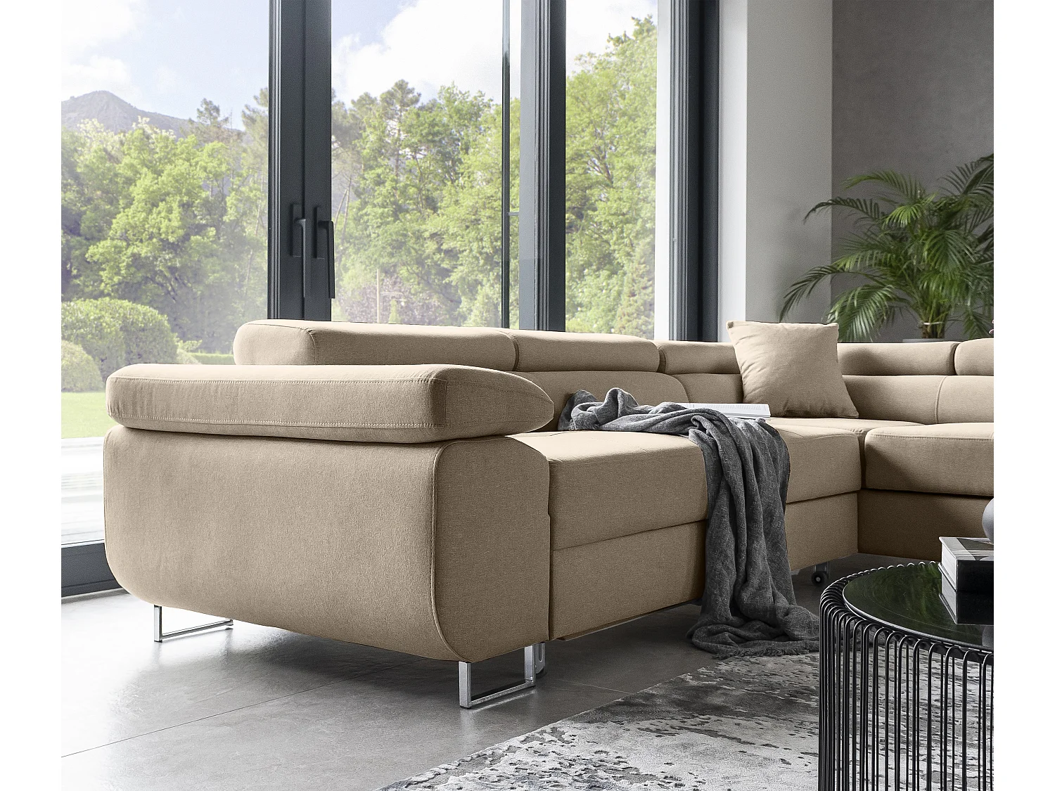 Canapé d’angle convertible MARKA en tissu avec coffre et têtières réglables – 272cm-Beige-angle droit