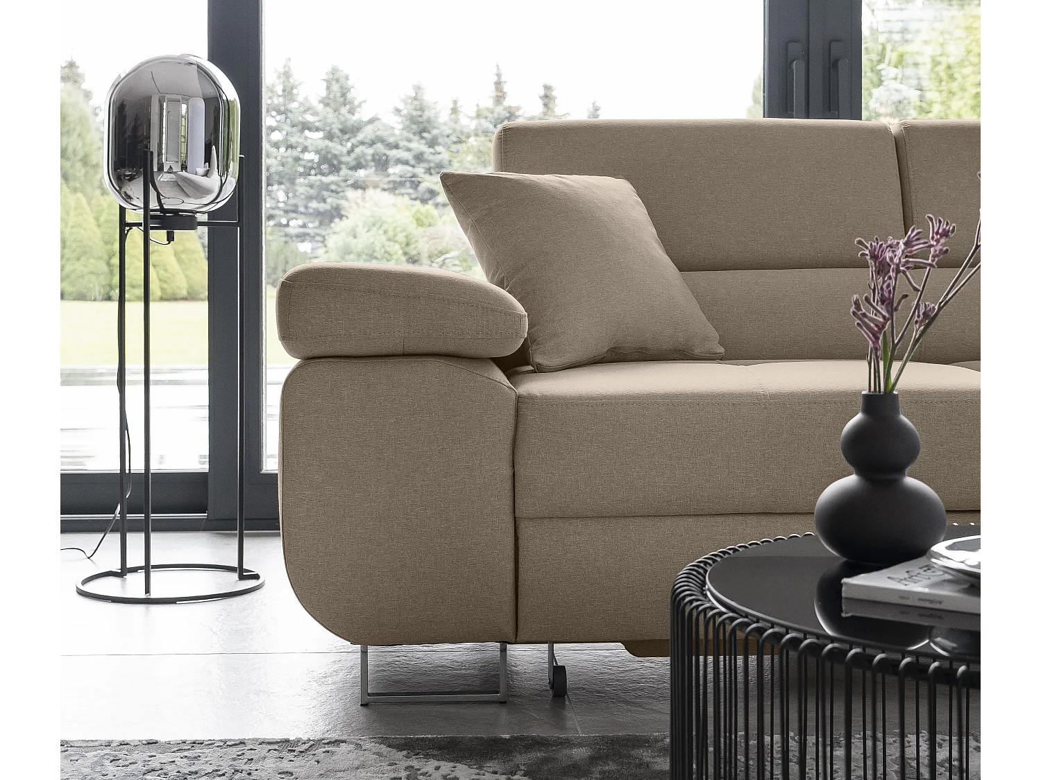 Canapé d’angle convertible MARKA en tissu avec coffre et têtières réglables – 272cm-Beige-angle droit