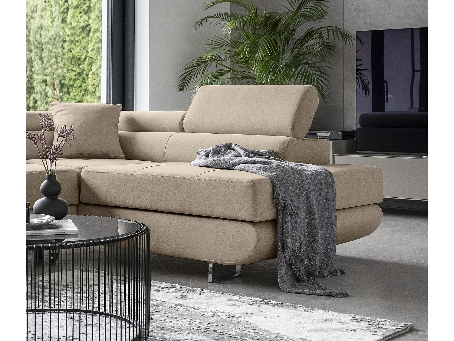 Canapé d’angle convertible MARKA en tissu avec coffre et têtières réglables – 272cm-Beige-angle droit