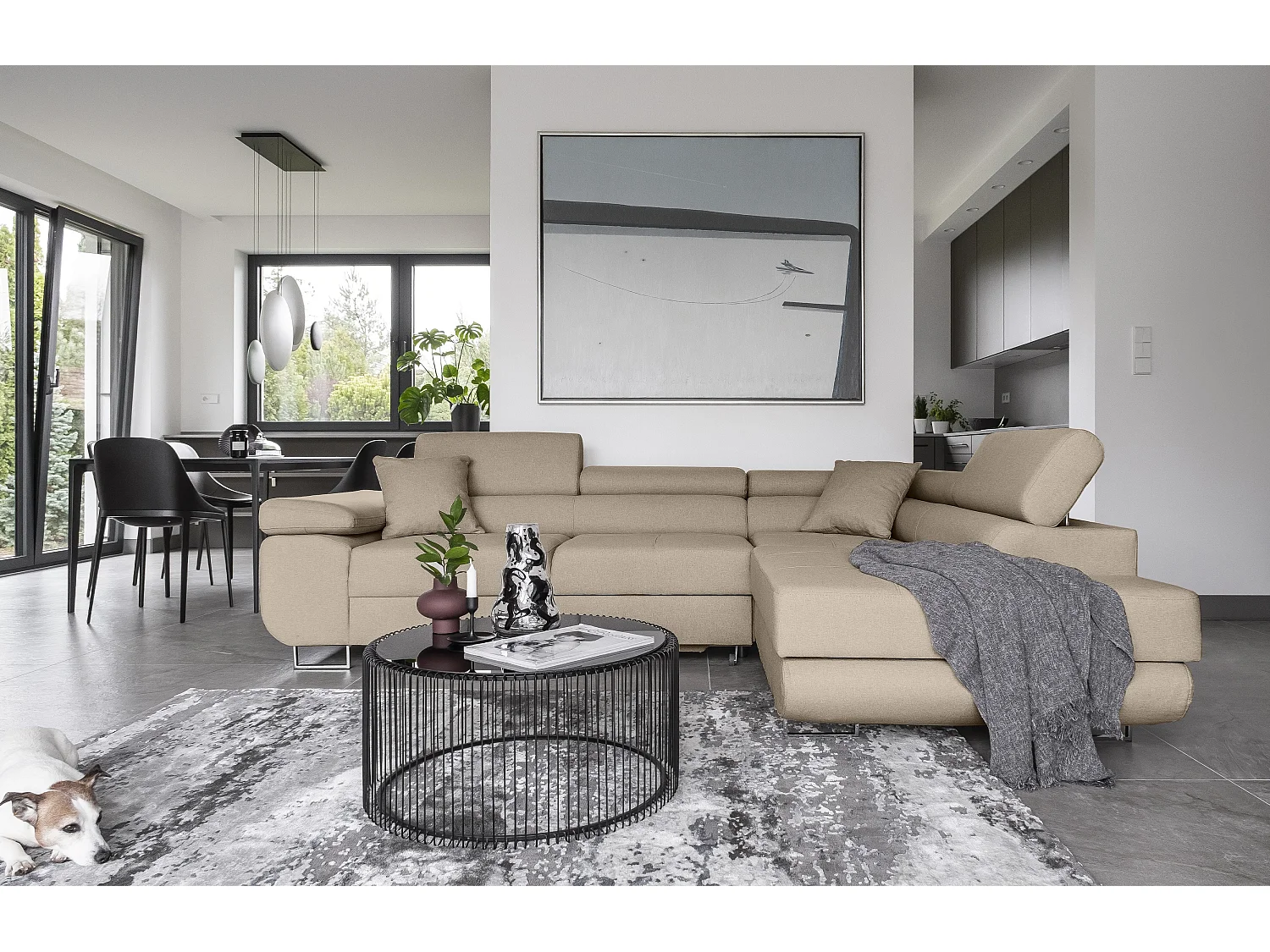 Canapé d’angle convertible MARKA en tissu avec coffre et têtières réglables – 272cm-Beige-angle droit