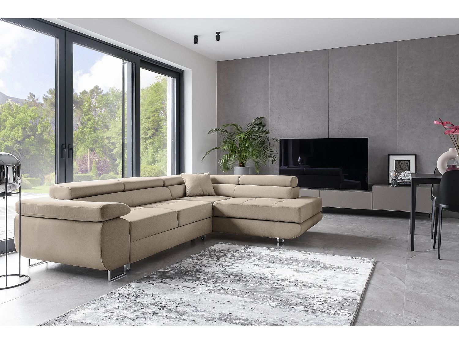 Canapé d’angle convertible MARKA en tissu avec coffre et têtières réglables – 272cm-Beige-angle droit