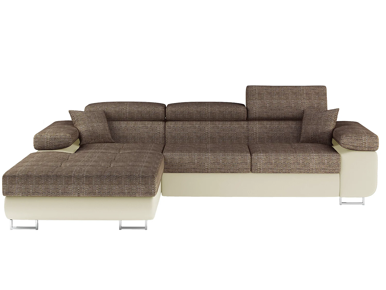 Sofá esquinero convertible KALIZO con reposacabezas regulables - Base y patas de acero cromado-Beige/Marrón-Ángulo izquierdo