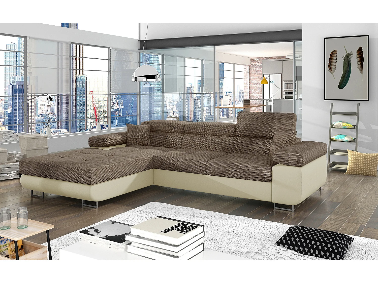 Sofá esquinero convertible KALIZO con reposacabezas regulables - Base y patas de acero cromado-Beige/Marrón-Ángulo izquierdo