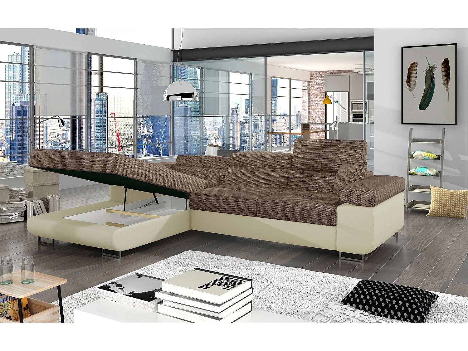 Sofá esquinero convertible KALIZO con reposacabezas regulables - Base y patas de acero cromado-Beige/Marrón-Ángulo izquierdo