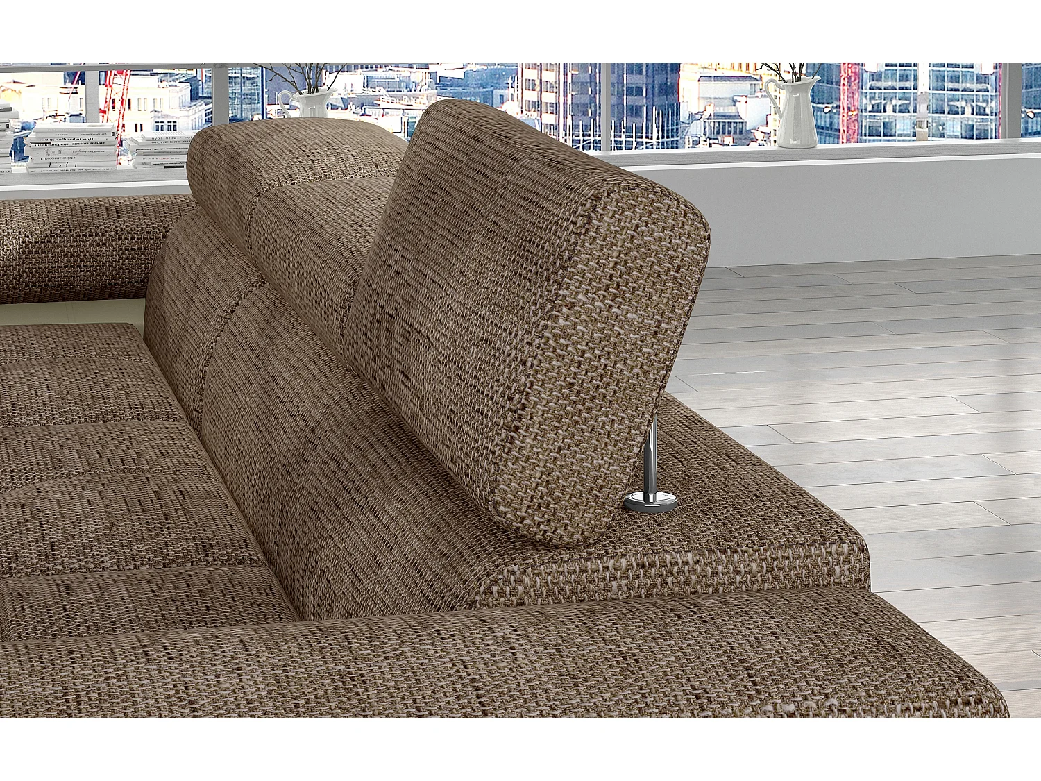 Sofá esquinero convertible KALIZO con reposacabezas regulables - Base y patas de acero cromado-Beige/Marrón-Ángulo izquierdo