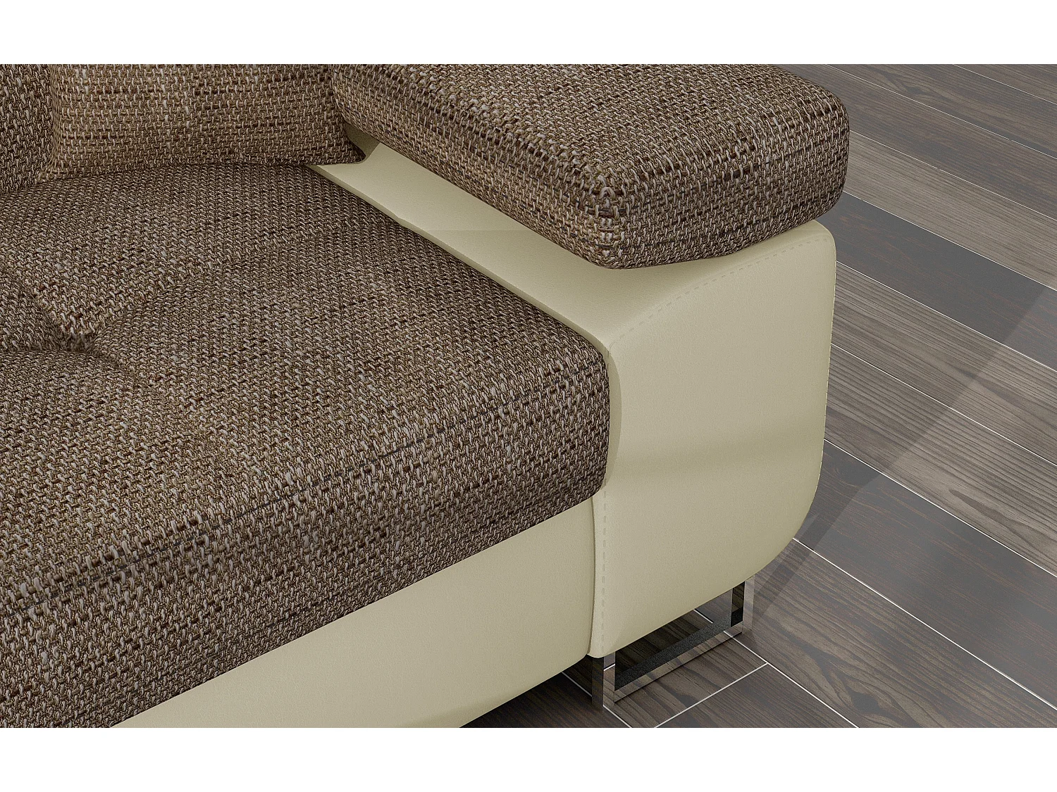 Sofá esquinero convertible KALIZO con reposacabezas regulables - Base y patas de acero cromado-Beige/Marrón-Ángulo izquierdo