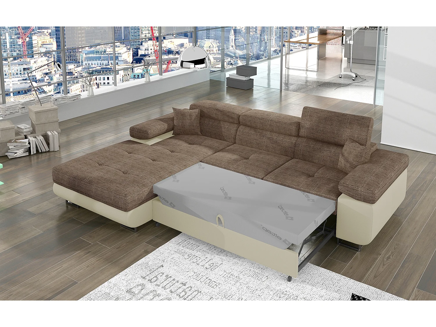Sofá esquinero convertible KALIZO con reposacabezas regulables - Base y patas de acero cromado-Beige/Marrón-Ángulo izquierdo