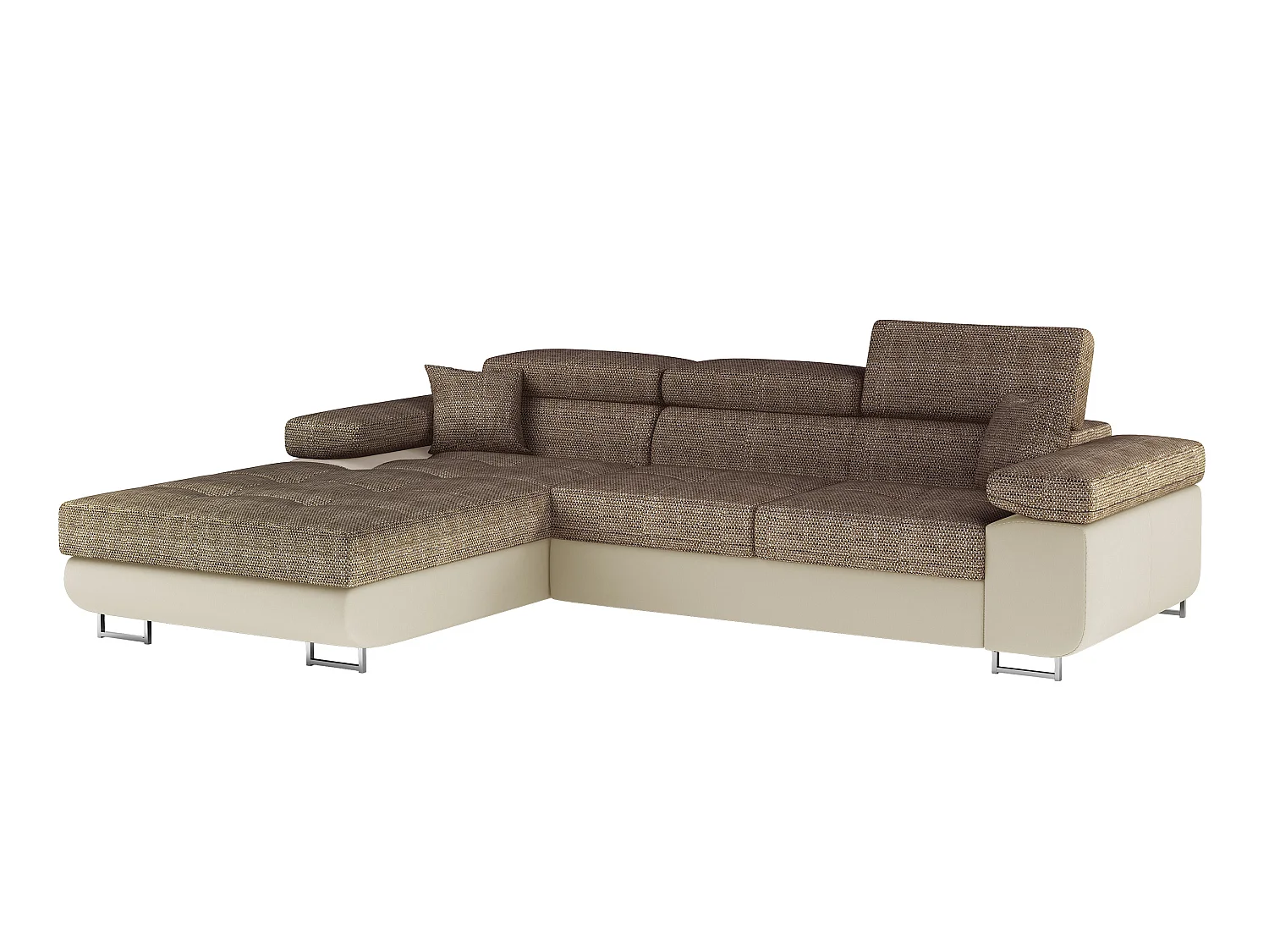 Sofá esquinero convertible KALIZO con reposacabezas regulables - Base y patas de acero cromado-Beige/Marrón-Ángulo izquierdo
