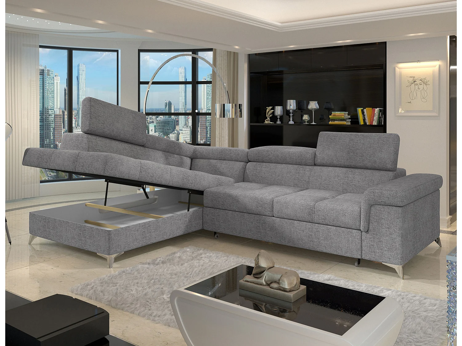 Canapé d’angle convertible MARIDO en tissu avec coffre et têtières réglables – 275cm-Gris clair-angle gauche