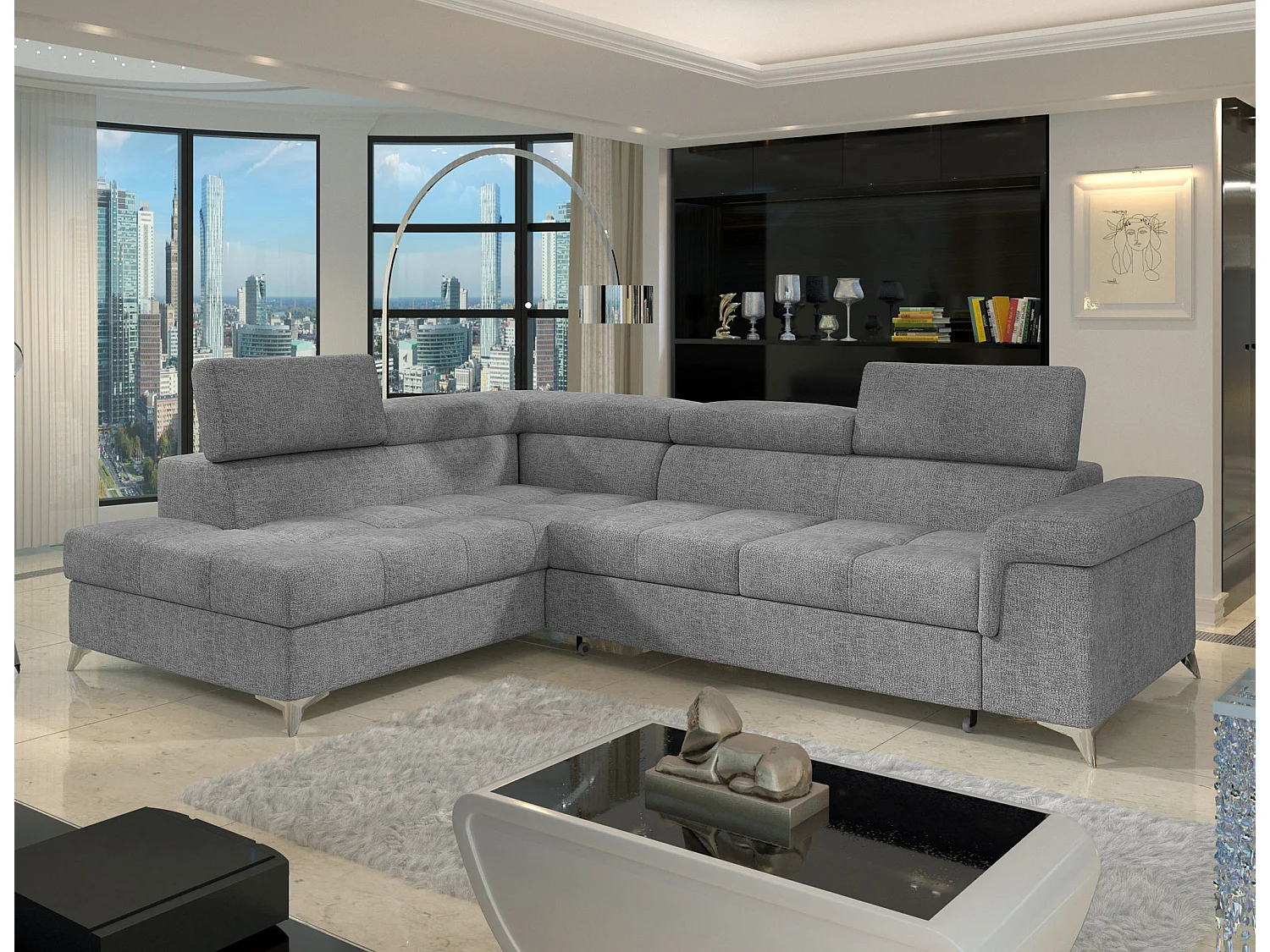 Canapé d’angle convertible MARIDO en tissu avec coffre et têtières réglables – 275cm-Gris clair-angle gauche