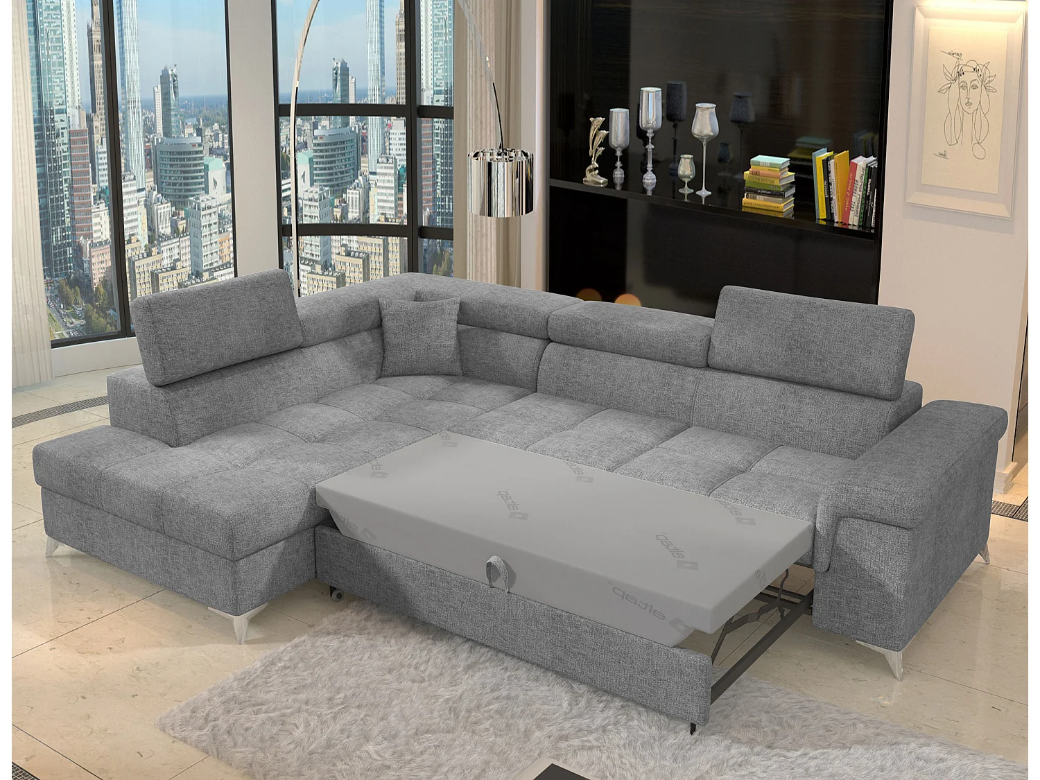 Canapé d’angle convertible MARIDO en tissu avec coffre et têtières réglables – 275cm-Gris clair-angle gauche