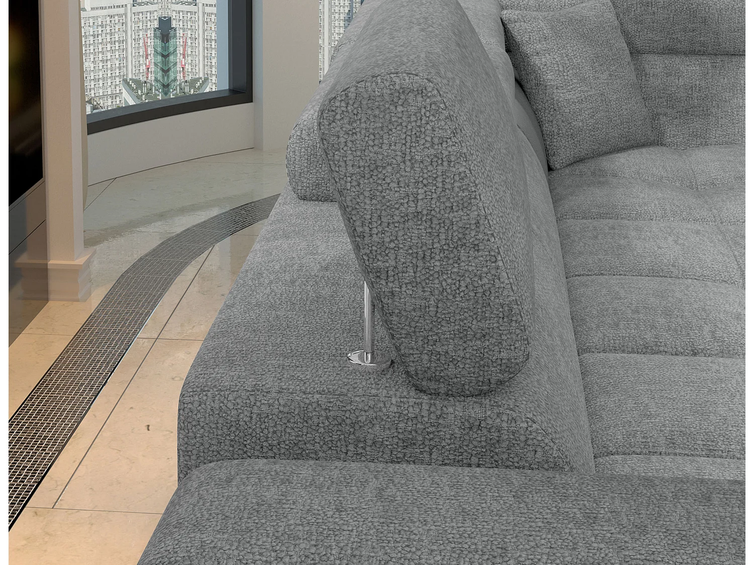 Canapé d’angle convertible MARIDO en tissu avec coffre et têtières réglables – 275cm-Gris clair-angle gauche