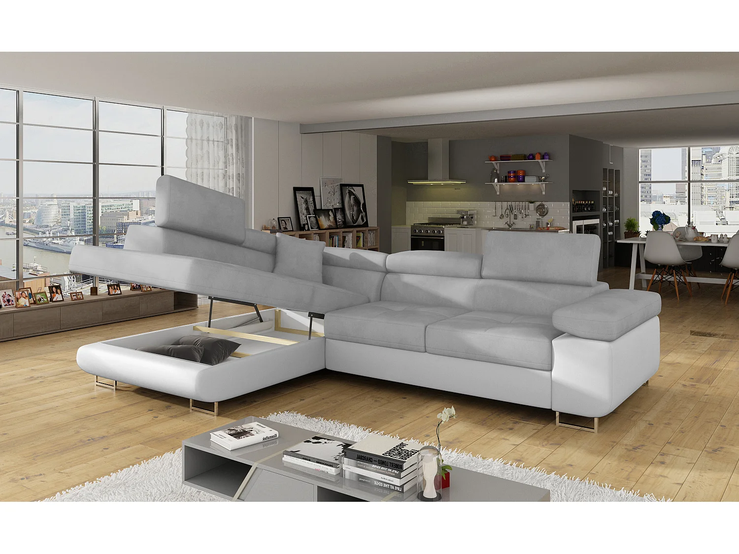 Sofá esquinero convertible en símil piel y tela reposacabezas elevables - Colección Marka-Blanco/Gris ratón-Ángulo izquierdo