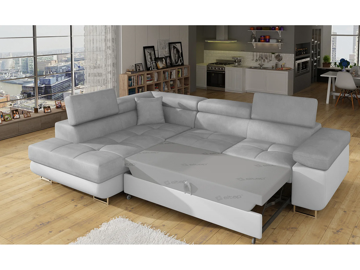 Sofá esquinero convertible en símil piel y tela reposacabezas elevables - Colección Marka-Blanco/Gris ratón-Ángulo izquierdo