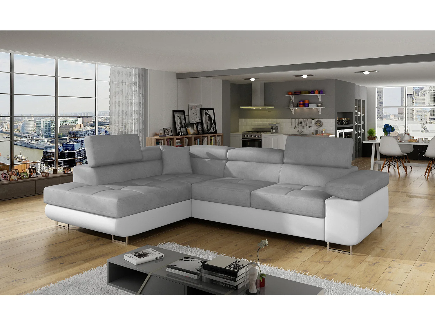 Sofá esquinero convertible en símil piel y tela reposacabezas elevables - Colección Marka-Blanco/Gris ratón-Ángulo izquierdo